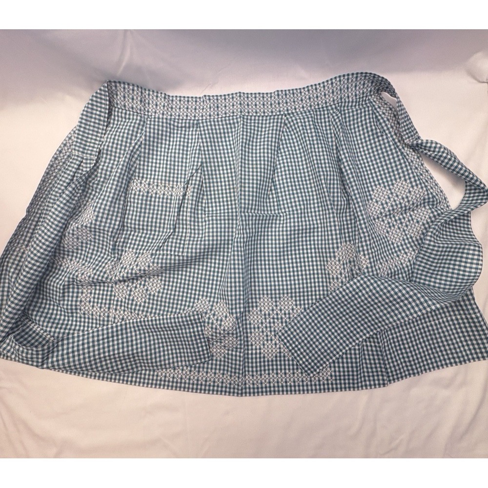 Kitchen Apron One Size w/ Ties Pocket Traditional Aqua & White LT Fabric H-560